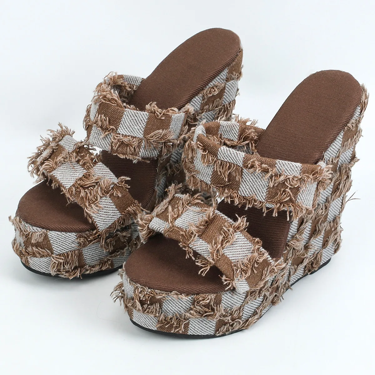15 سنتيمتر إسفين كعب الدنيم صنادل أرضية النساء الصيف سميكة وحيد البغل النعال حجم كبير موضة أحذية الحفلات الشاطئ
