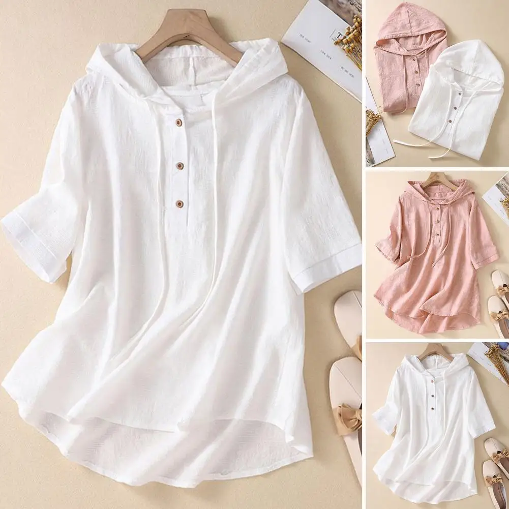 Women T-shirt Vintage Half Sleeve Hooded Shirts Women's Embroidered Loose Fit Blouse with Lace-up Detail Drawstring Thin