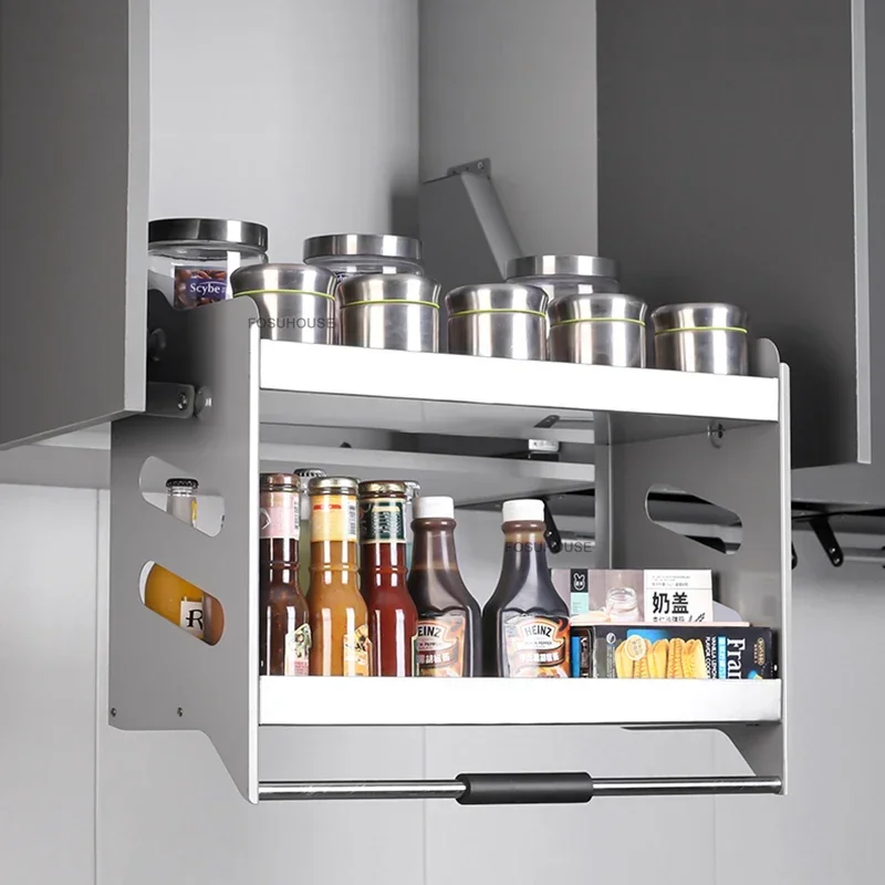 Creative Stainless Steel Kitchen Cabinets  Modern Kitchen Furniture Home Storage Rack Kitchen Auxiliary Wall Cabinet Lift Basket