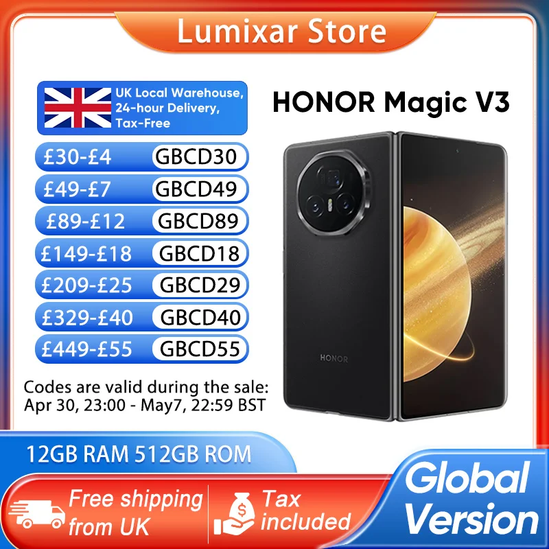 HONOR Magic V3 5G Global Version 7.92" OLED Display  Snapdragon 8 Gen 3 50MP Triple Camera 66W SuperCharge 5150mAh IPX8 NFC
