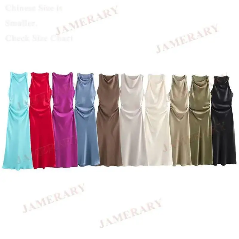 Sommer Herbst Ärmellose Satin Lange Kleider Frauen Weste Schlank Mantel Midi Kleid Party Solide Candy Farbe Vestidos