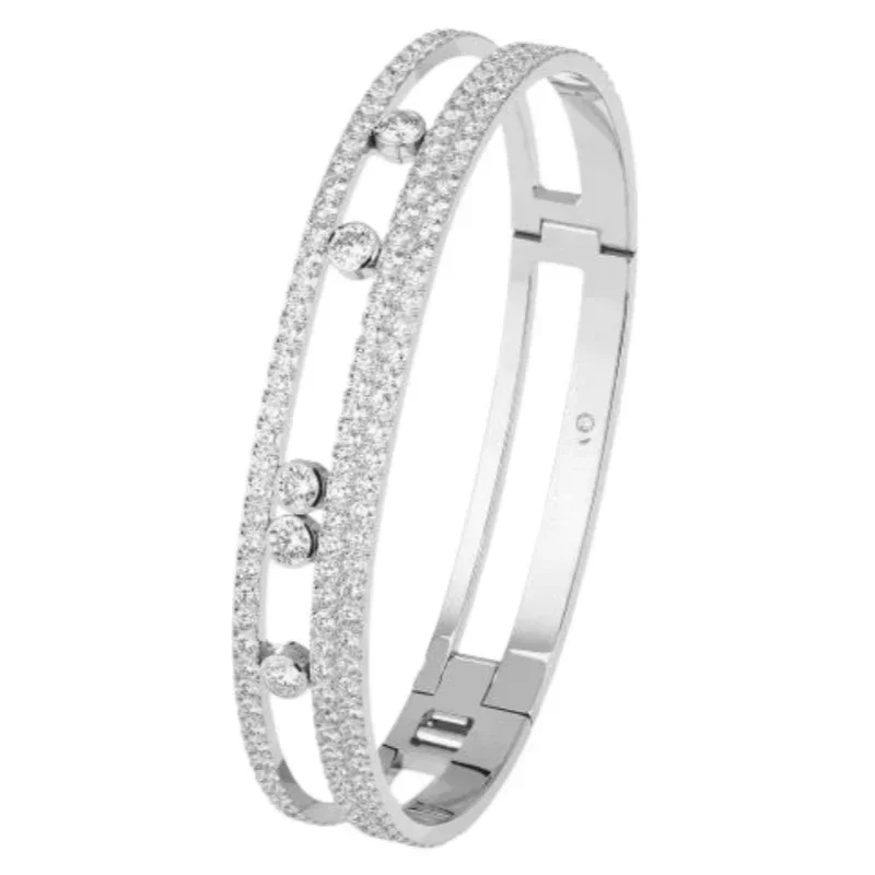 

Silver Plated Double Layer Open Bangle, Paved Cuff Bracelet with Five Floating Stones