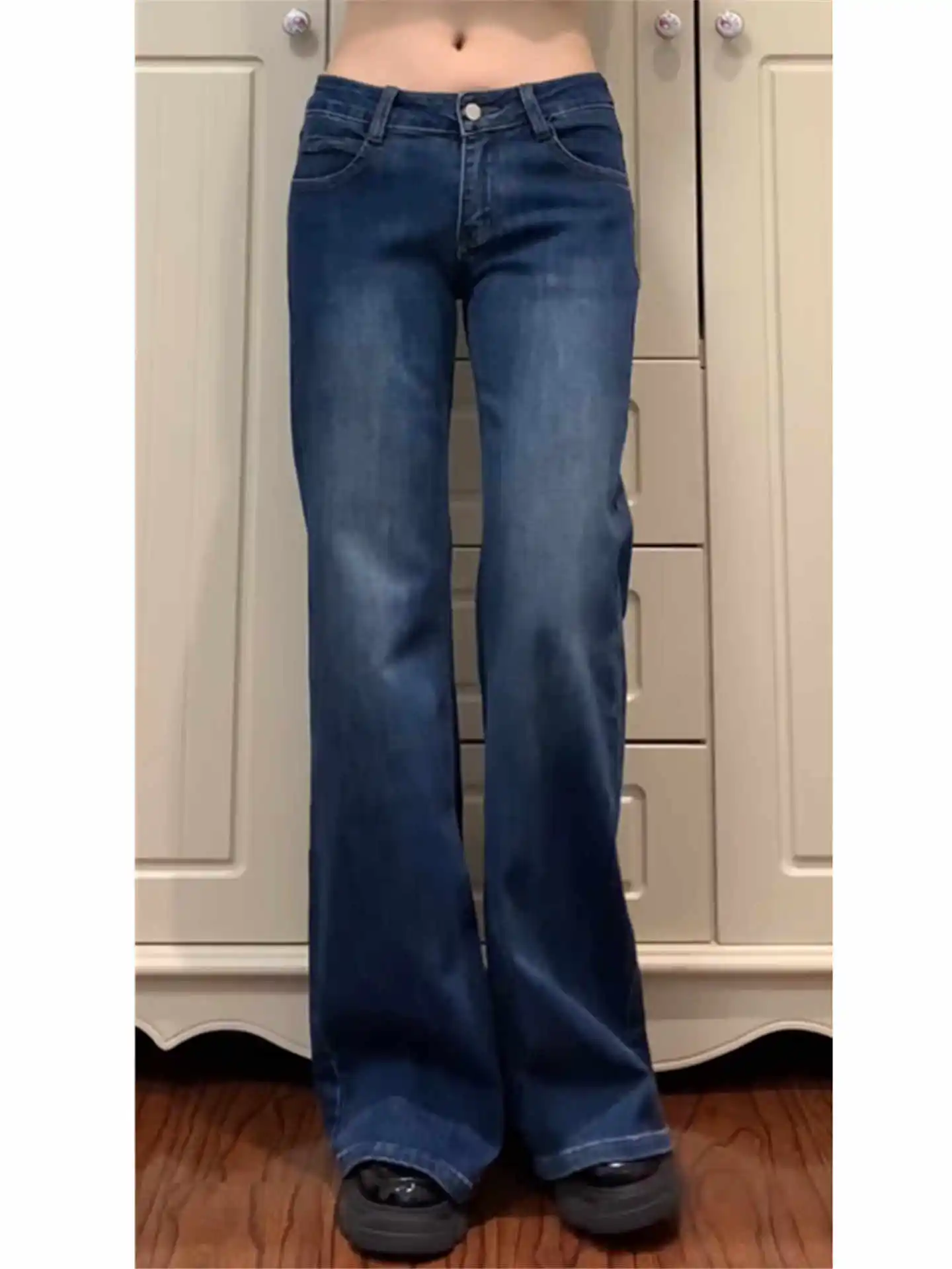 

Женские джинсы с низкой посадкой в стиле 2000-х, синие, простые, прямые, длинные брюки, американское ретро, японский стиль Y2K, ковбойский стиль, уличная мода