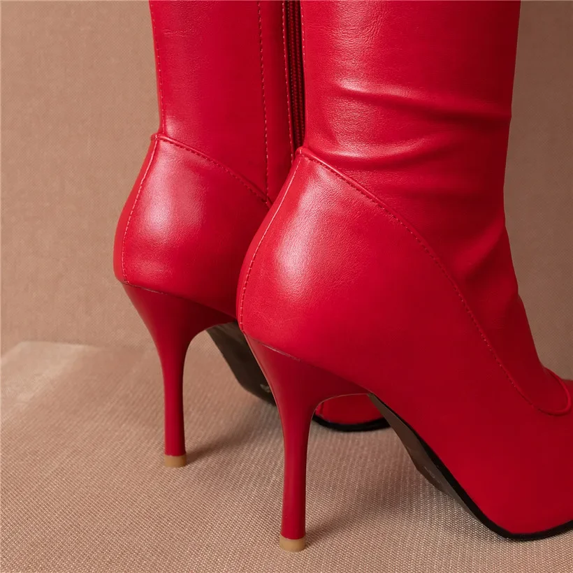 Botas acima do joelho para mulheres, botas altas na coxa, salto agulha fino de PU esticado, dedo apontado, zíper, festa sexy, clube, tamanho grande, vermelho, preto