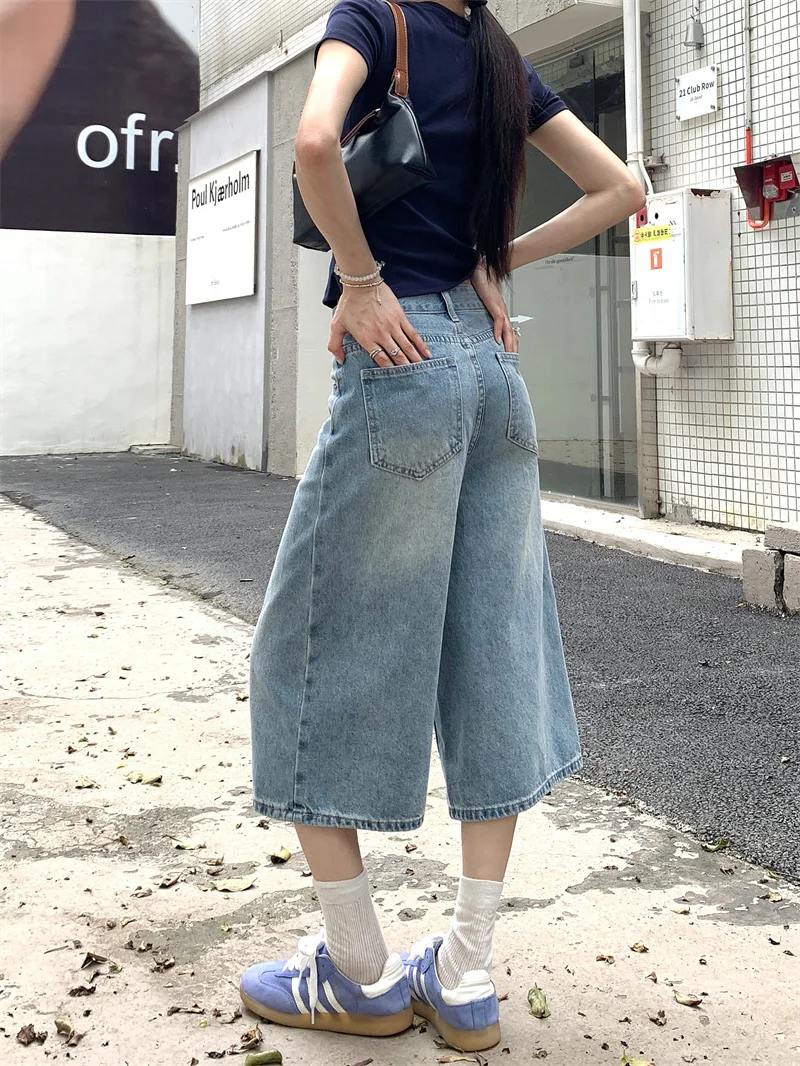 Korean-style summer distressed denim cropped pants for women loose wide-leg pants that casually elongate the legs