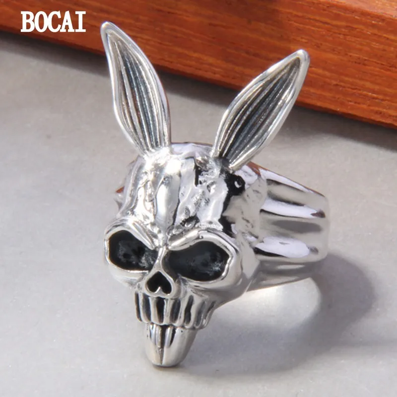 BOCAI New S925 Sterling Silver Domineering Wide Version Open Adjustable Death Rabbit Skull Ring Men.