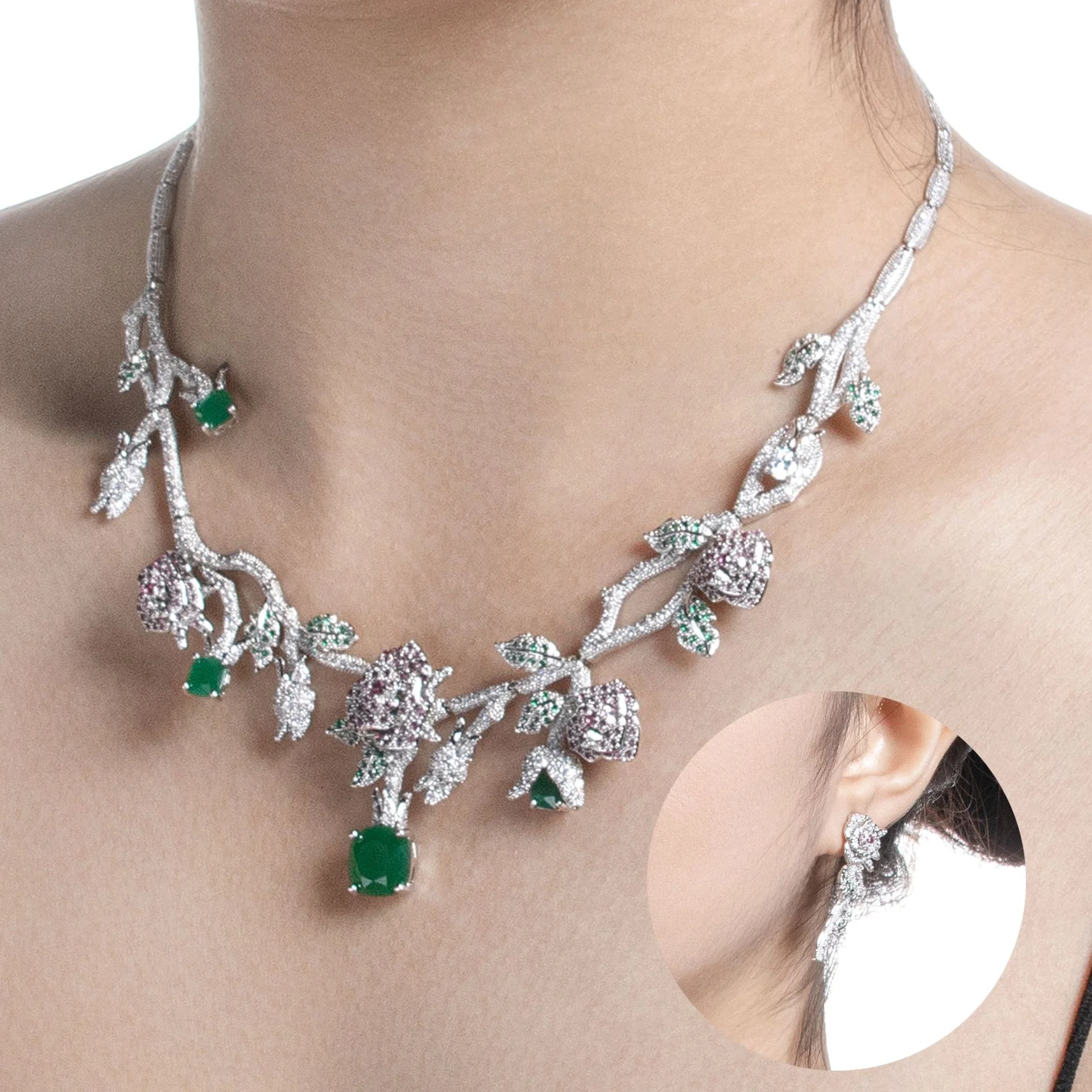 

European Elegant Floral Bridal Jewelry Ethnic Full Zircon Diamond Necklace Earrings Two Piece Set For Women