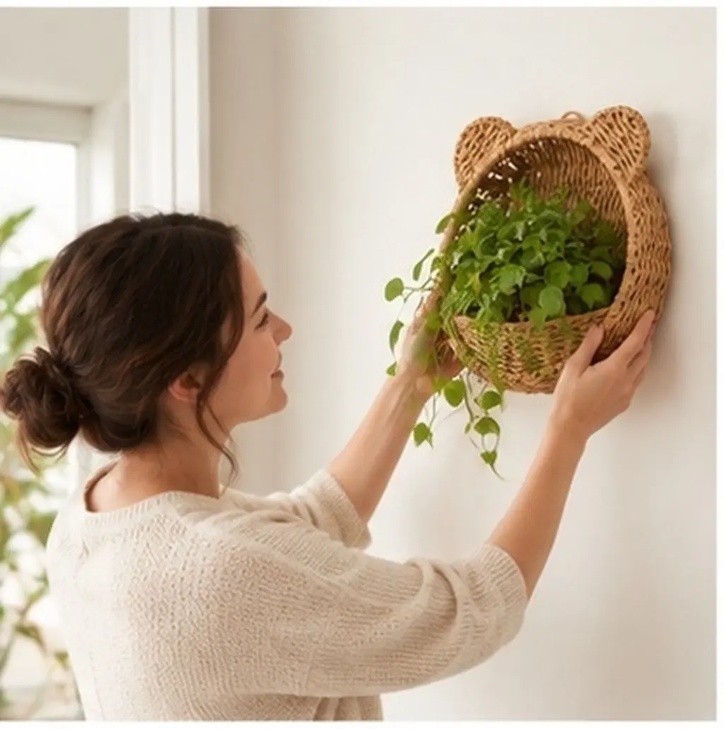 Imitation Rattan Woven Hanging Basket Wall Mounted Shallow Organizer for Kitchen Bathroom Storage Fruit Small Item