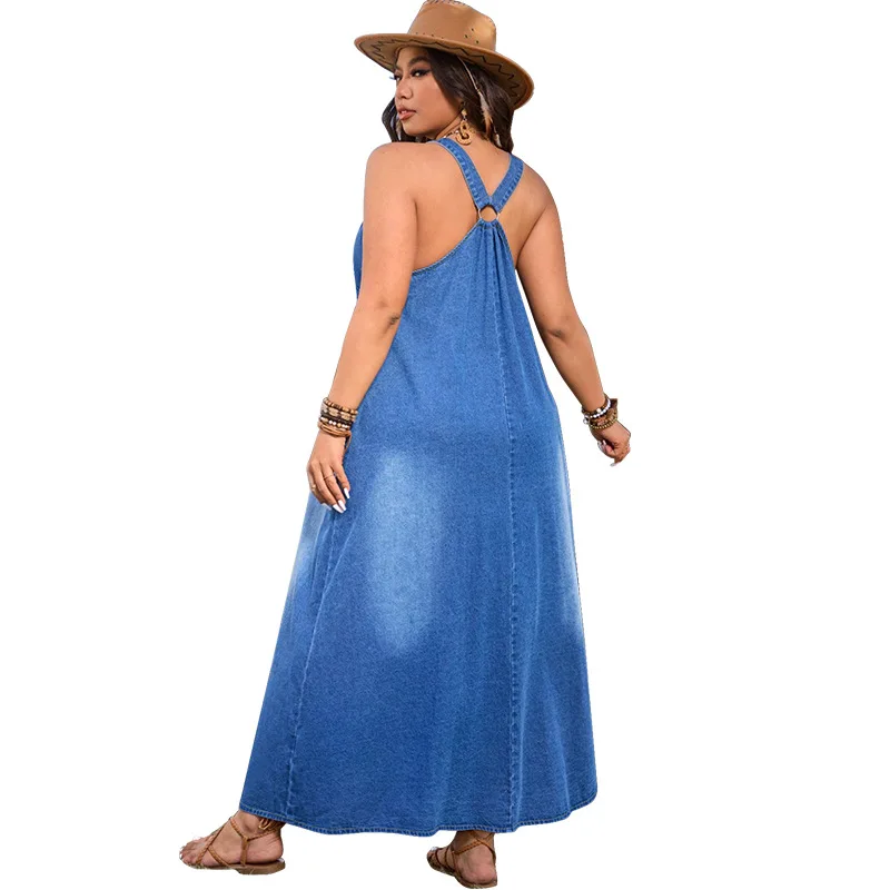 Plus size vrouw denim jurk 2025, zomer hete verkoop v-hals mouwloze casual jurken gewassen sexy dagelijkse kleding