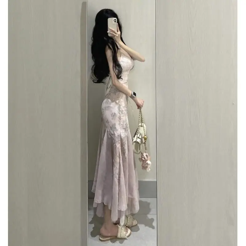 French Floral Sling Dress for Women, New Summer Beach Style. Backless & Waist-Cinching, Sweet & Spicy!