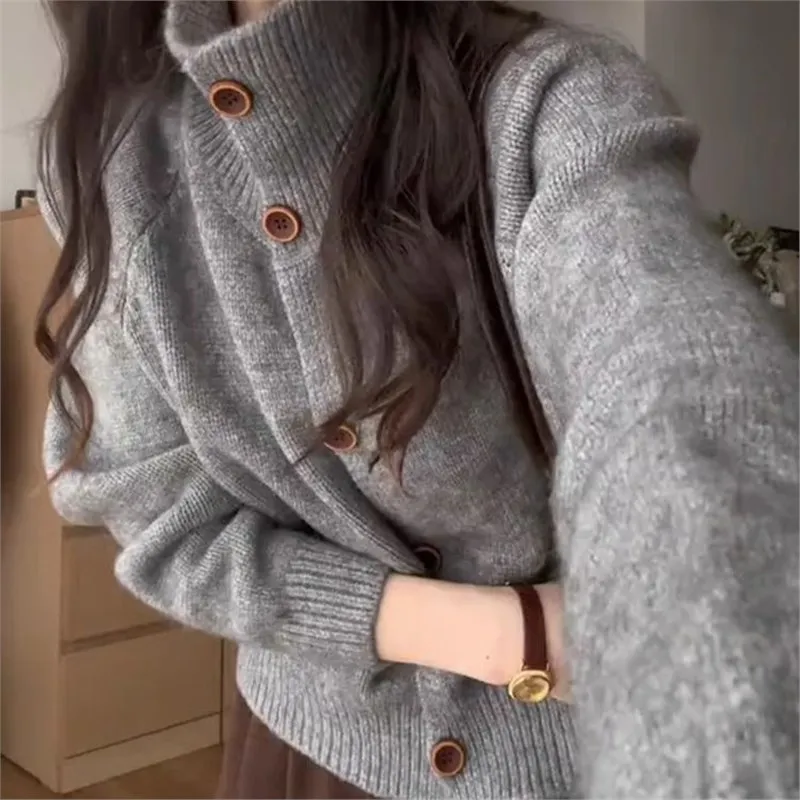 Turtleneck Solid Single-breasted Knitted Cardigan Women's 2026Autumn Winter New Loose Casual Versatile Women Top