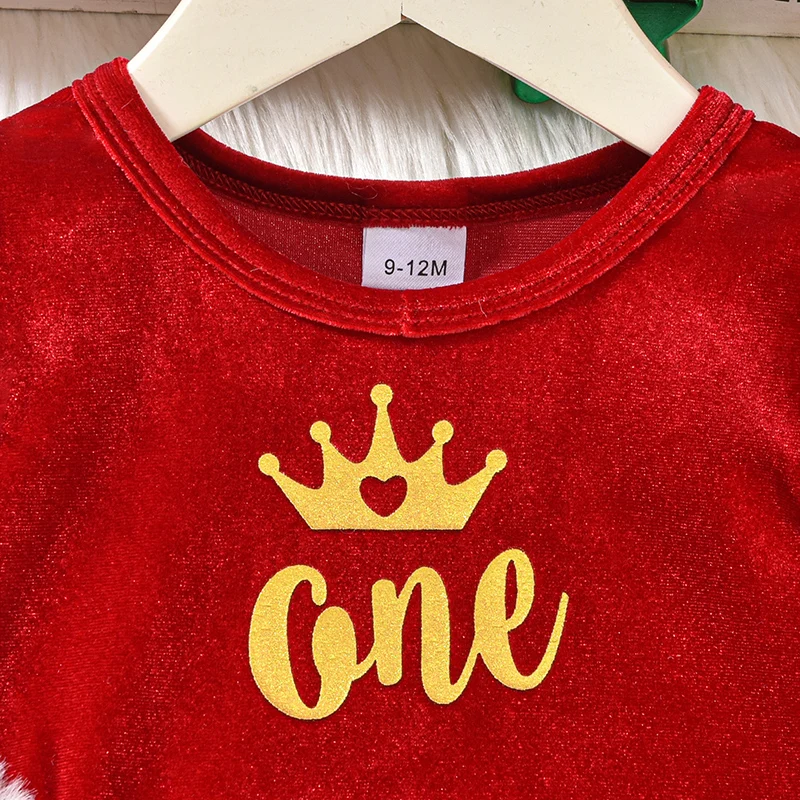 Suefunskry Baby Girls Christmas Dress Long Sleeve Letter Print Fur Trim Velvet Romper Dress Newborn Birthday Clothes 9-18Months