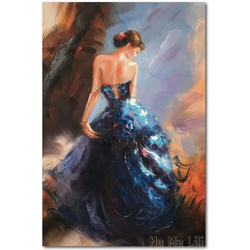 Dancing Lady Oil Paintings Hand Painted Attractive Woman Dancer In Blue Dress Canvas By Ho Me Lili Wall Art Decor