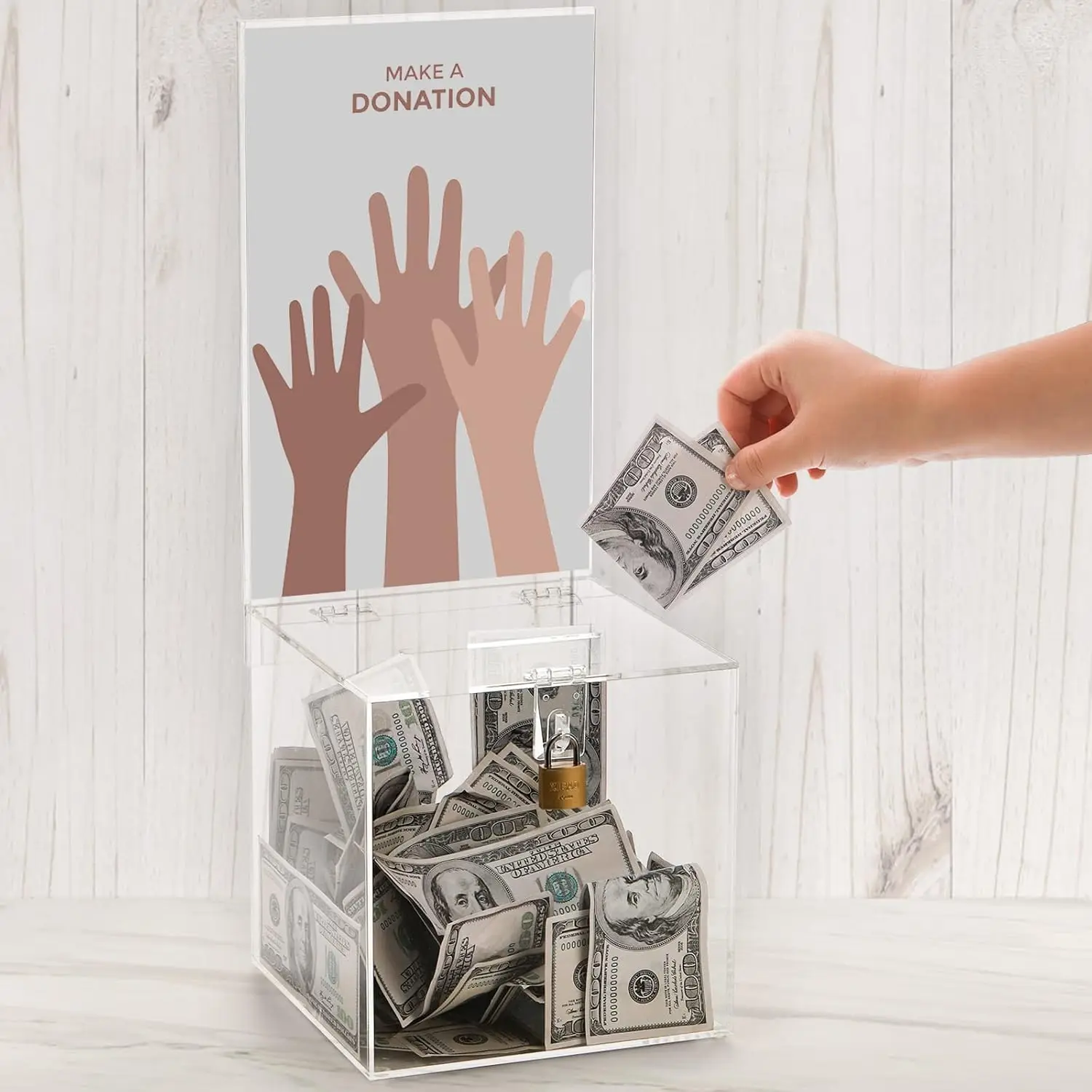 

Clear Acrylic Donation Box with Lock, 7x7x18 in, Suggestion Box with Sign Holder for Charity, Voting, Tips