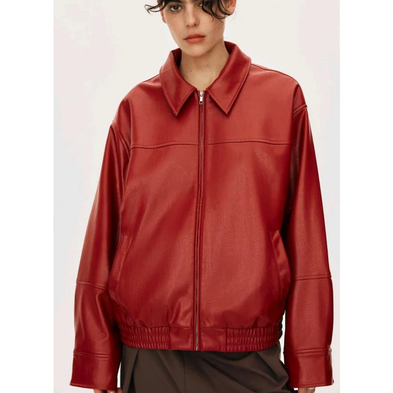 Herfst Dames Motor Sle PU Leer Pilot Jaet Bovenkleding Loose Fit Lange Sve Ritssluiting Faionable Pendelen