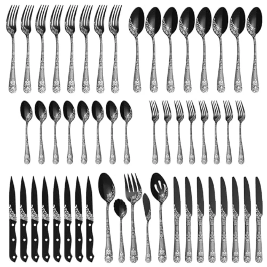 

53Piece Black Silverware Set with Serving Utensils Black Flatware Set for 8 Mirror Stainless Steel Cutlery Set Spoons Forks Kni