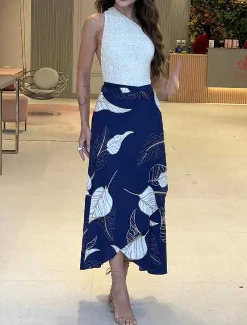 

2026 Summer New Leaf Print Asymmetrical Lace Up Women's Skirt Elegant Temperament Slim Fit Casual High Waisted A-Line Skirt