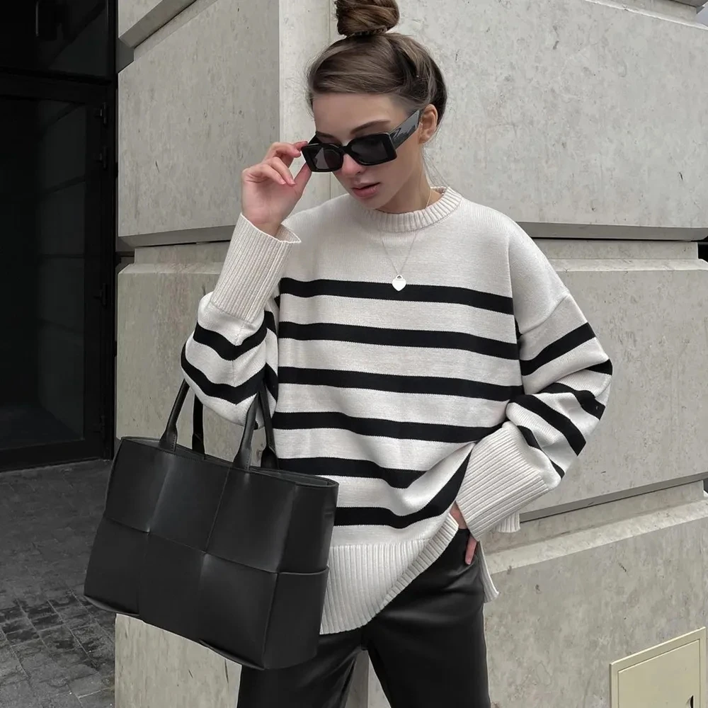 Casual Oversized Striped Pullovers Women Knitted Basic Autumn Winter Loose-Fitting Thick Jumpers Sweaters Female Clothing