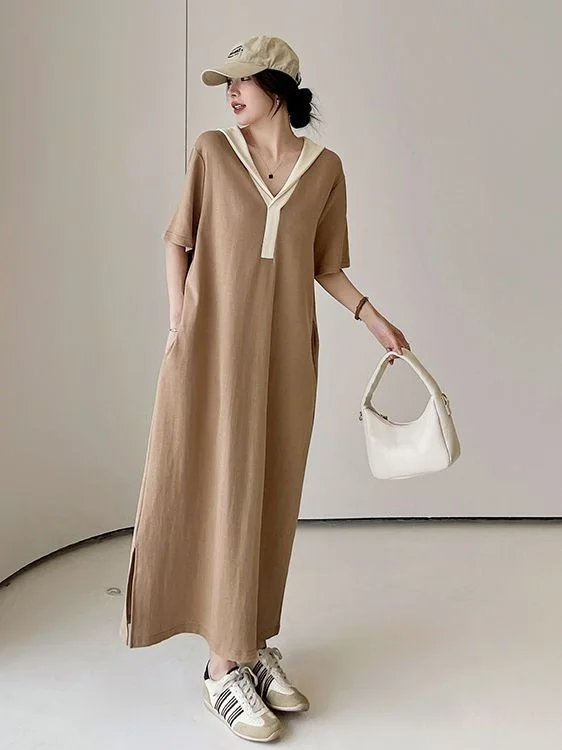 

Женское летнее платье макси свободного кроя в корейском стиле, прямого силуэта, с цветными блоками, больших размеров