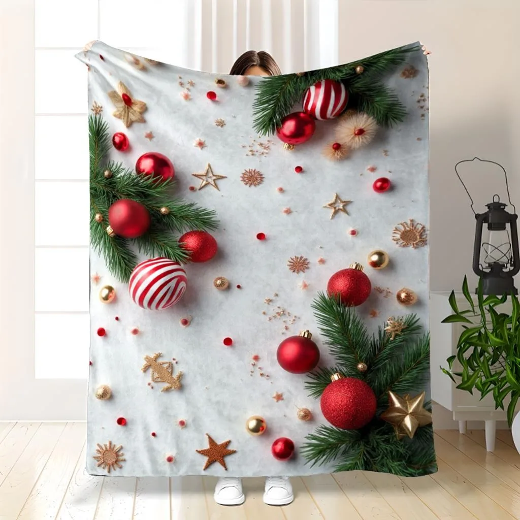 Warm red, white, and gold Christmas tree decorative flannel blanket, suitable for all seasons, sofa, bed, car, and camping.
