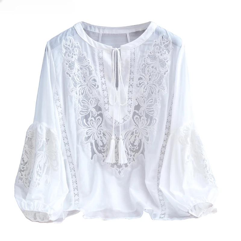 Blusas Mujer De Moda Summer Elegant Blouses Women's Clothing Embroidery Lantern Sleeve Shirts Loose Lace White Tops Femme B705