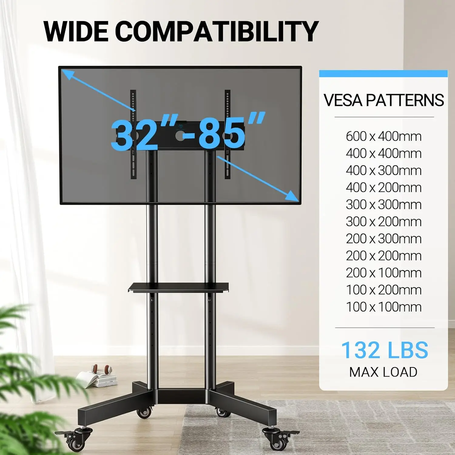 Rolling TV Stand for 32-85 Inch TVs Holds up to 132 Lbs, Height Adjustable Mobile TV Cart with Wheels, Mobile TV Stand with Tray