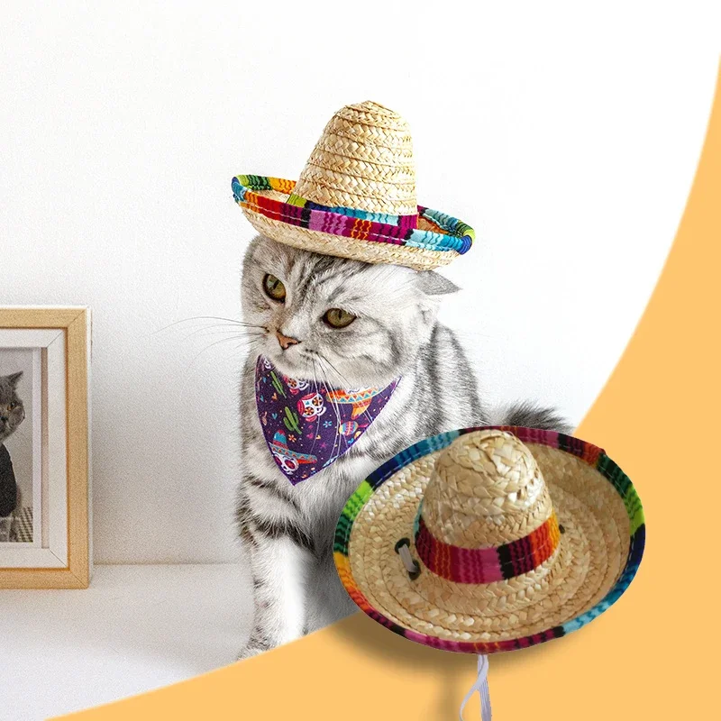 Sombrero-Chapeau mexicain en paille pour animaux de compagnie, réglable et multicolore, chapeaux de soleil pour animaux de compagnie, fête sur la plage, accessoires pour chiens et chats