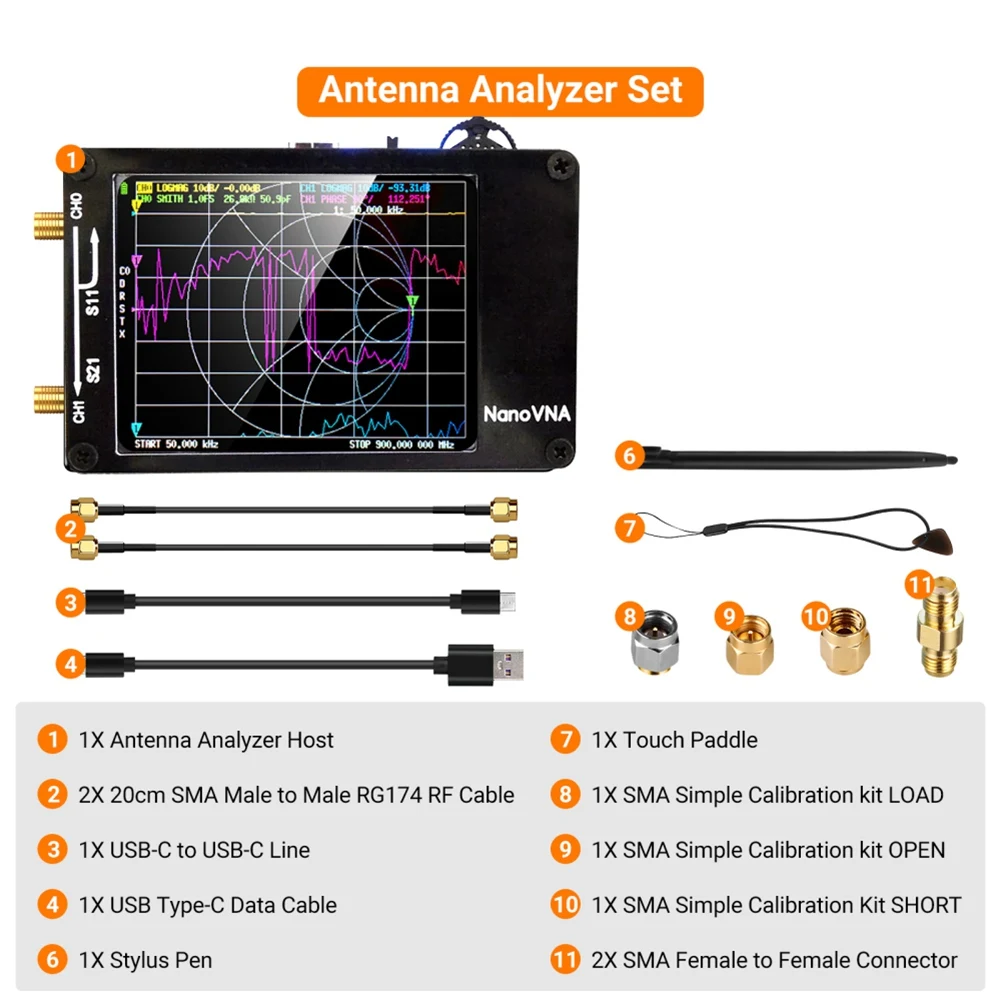 A08I Upgraded NanoVNA-H Vector Network Antenna Analyzer 10KHz-1.5GHz MF HF VHF UHF for SD Card Slot Digital NanoVNA Tester