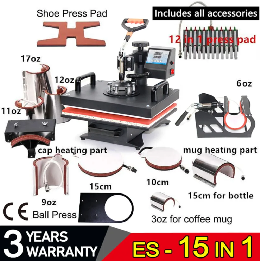 

Double Display 15 In 1 Heat Press Machine,Sublimation Printer/T Shirt Transfer Machine For Mug/Cap/T Shirt/Shoe/Bottle/Pen/Ball