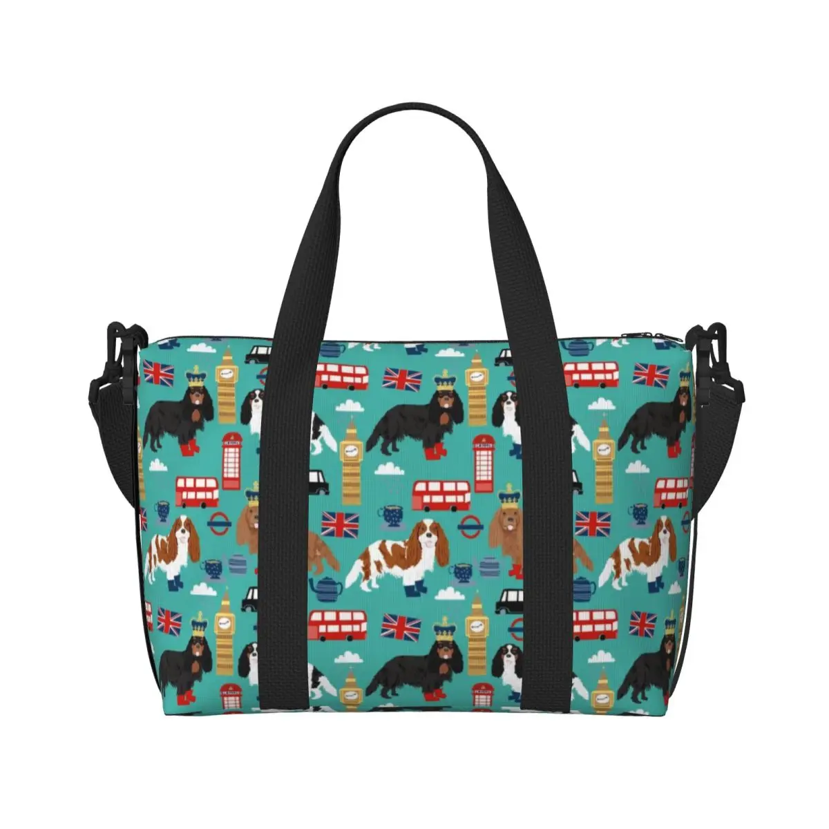 Custom Cavalier King Charles Spaniel In London Beach Tote Bag for Women Pet Dog Big Compartment Beach Gym Travel Bags