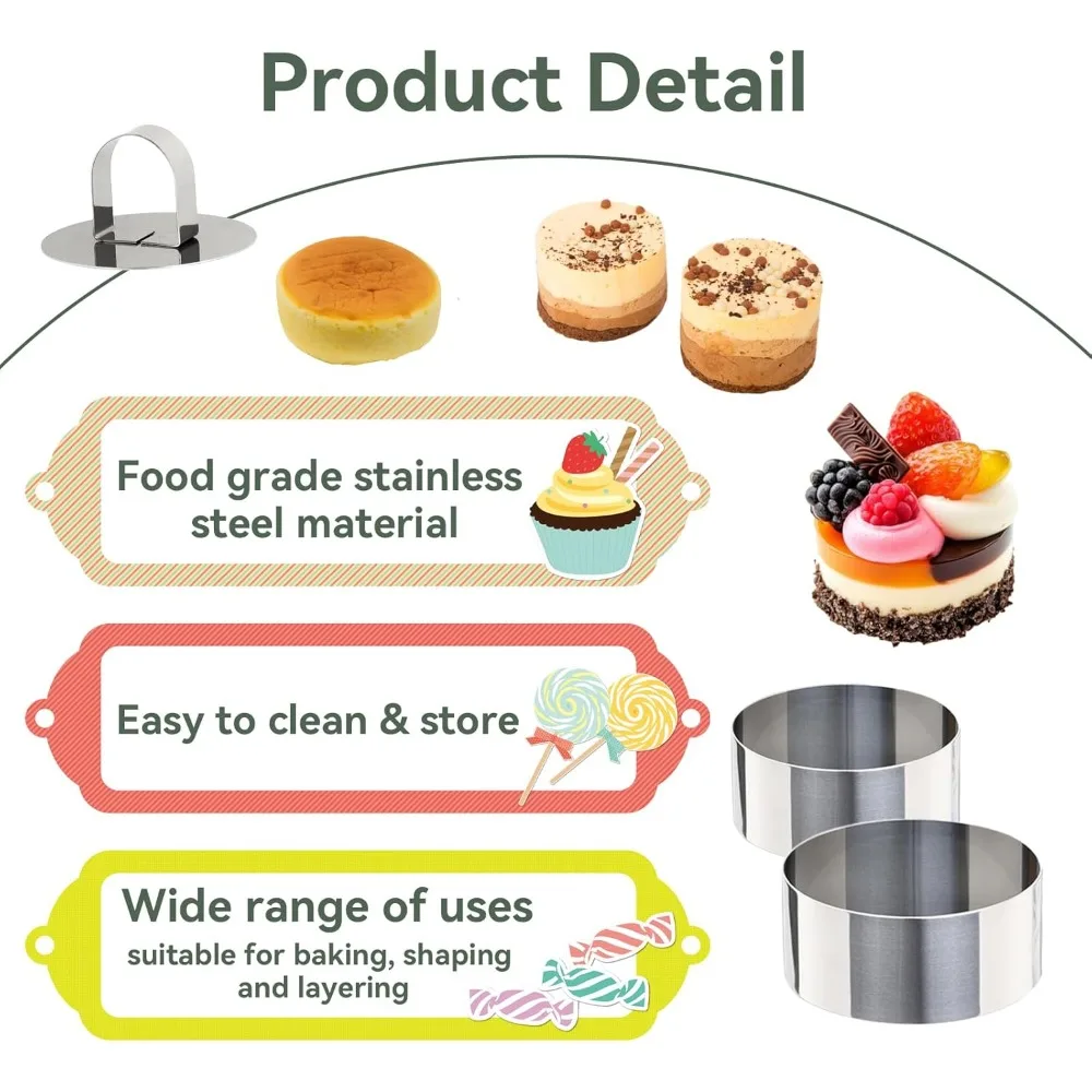 2 Pieces Round Cake Ring Molds Stainless Steel Cake Mousse Decorating Ring Mold with Pusher for Kitchen Baking Pastry Tools view 5