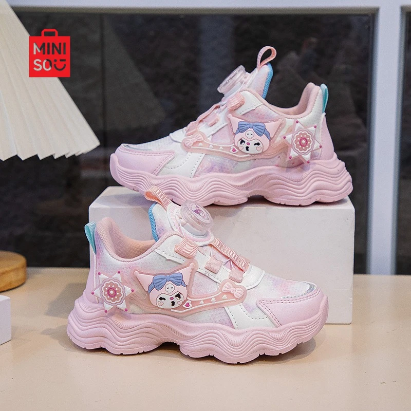 حذاء Miniso 2025 Kuromi للفتيات، نعل ناعم شبكي منسوج وجلد للأطفال والكبار والمراهقين