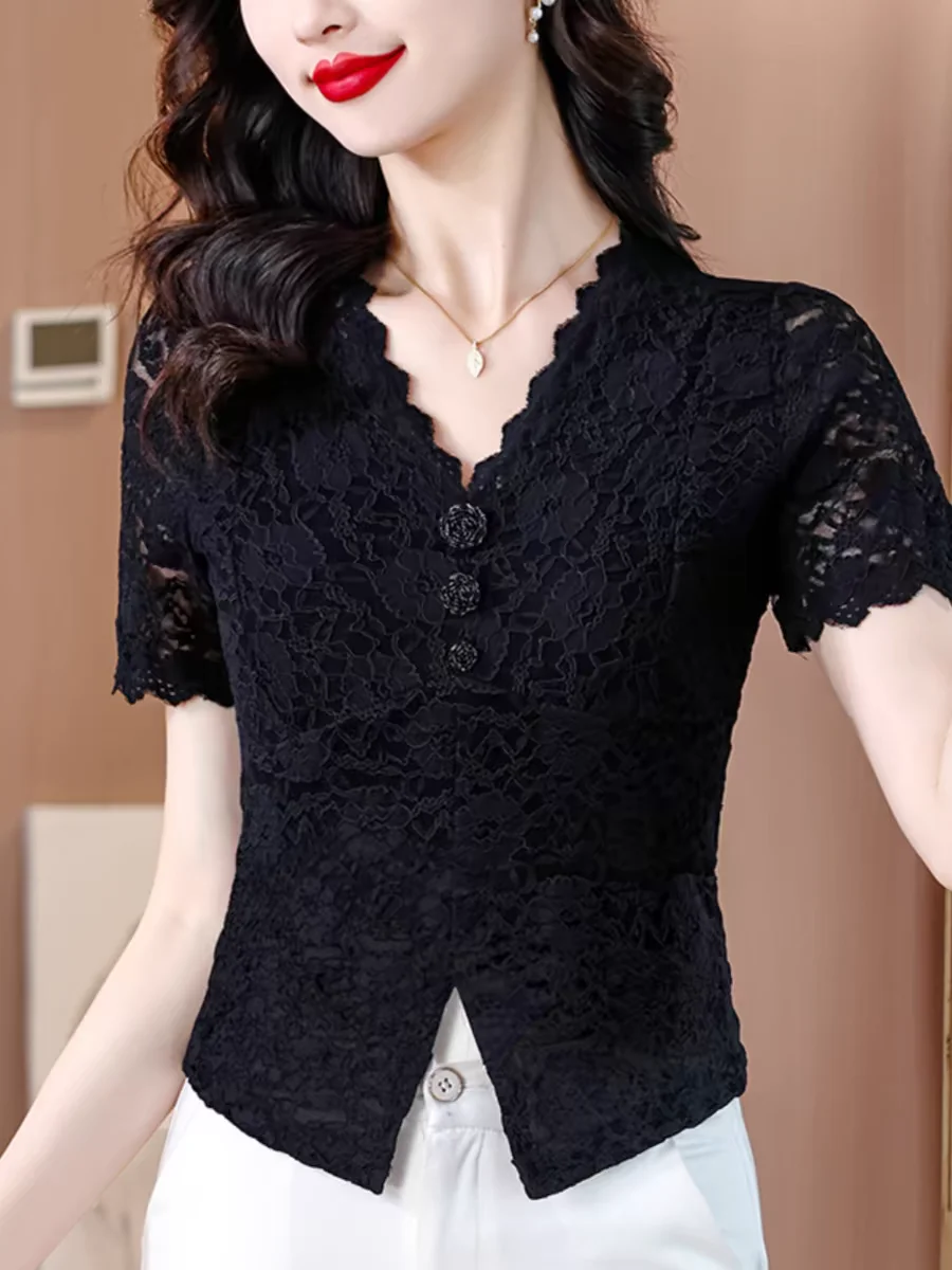 Summer T Shirts Women Short Sleeve Tops Black Lace Bottom Shirt V Neck Thin Stretch Slim T-shirt