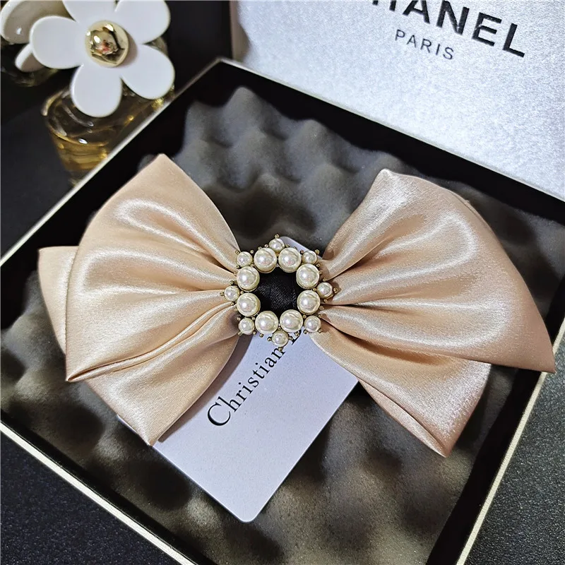 High-quality pearl satin bow hairpin female back head headdress simple temperament small fragrance ponytail hair accessories