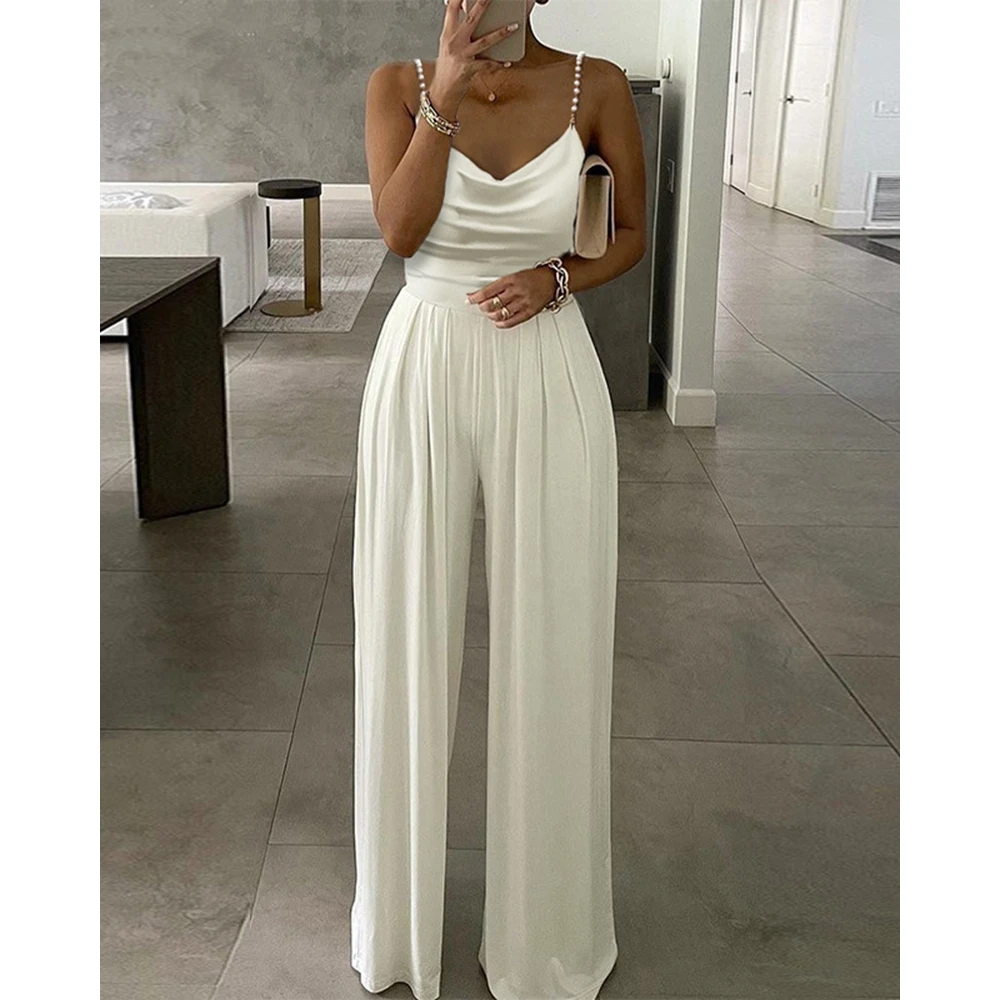 

Women One Shoulder Ruched Buckle Wide Leg Black Jumpsuits Casual Femme Elegant Slim Fit Waist Overalls Party Sexy Outfits