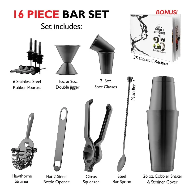 16Pcs Gunmetal Finished Boston Shaker Bar Kit Complete Pourers Jigger Muddler Mixology Tools Stylish Barware For Modern Home Bar