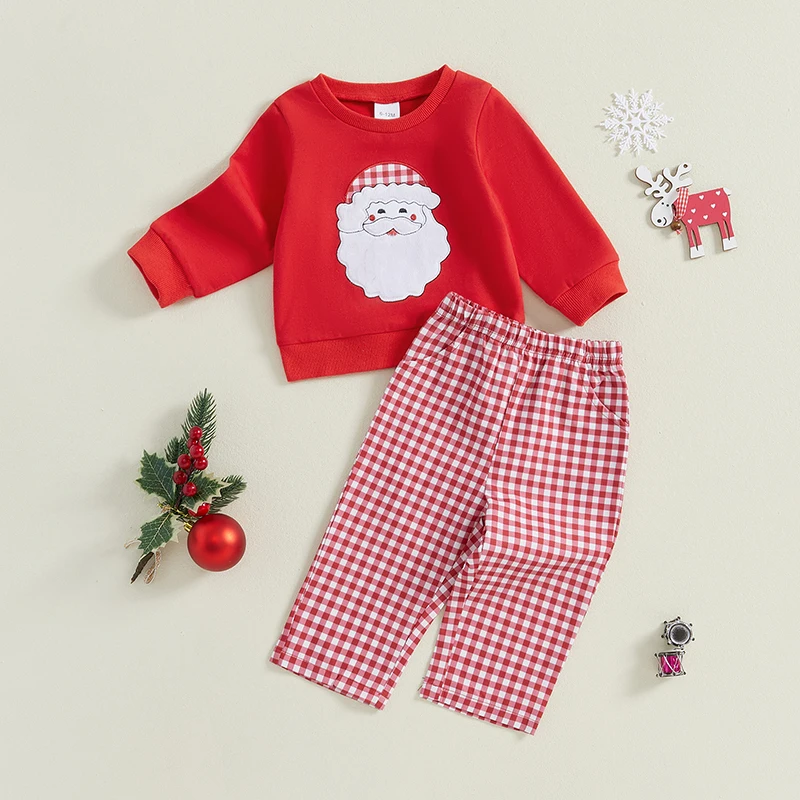 

1-4Years Kids Baby Boys Christmas Outfits Santa/Truck Embroidery Long Sleeve Sweatshirts and Plaid Long Pants 2Pcs Toddlers Sets