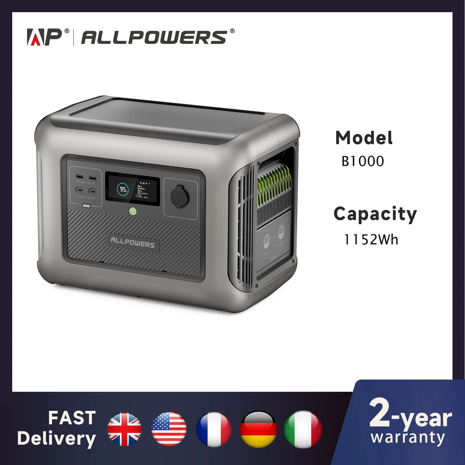 ALLPOWERS Tragbarer Kraftwerksbatterie B1000 1152 Wh LiFePO4-Batterien 1152 Wh Zusätzliche Batterie mit Solargenerator für den Außenbereich