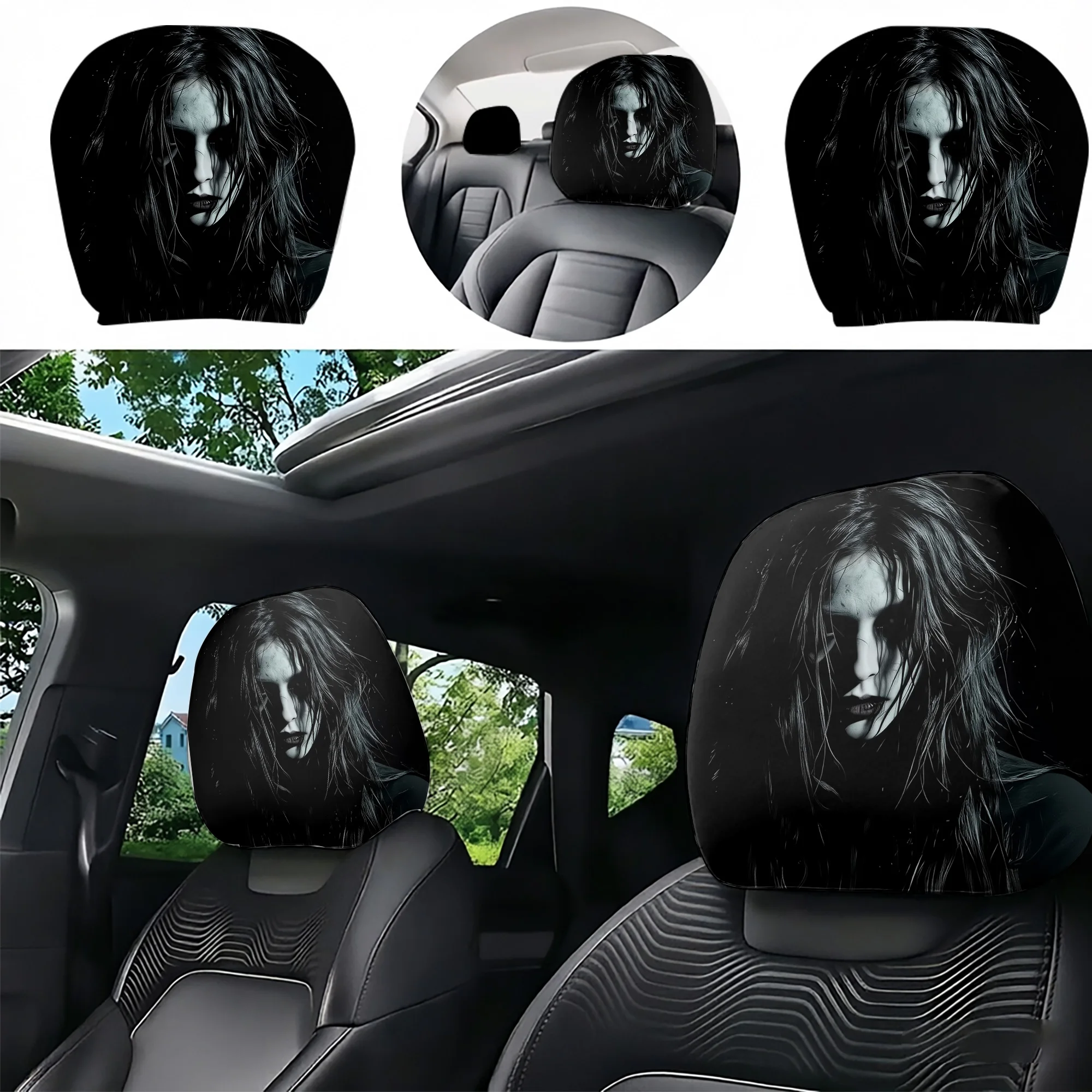 2pcs gothic girl-patterned car headrest covers to add a dark, avant-garde vibe to your car’s interior. Does not include stuffing