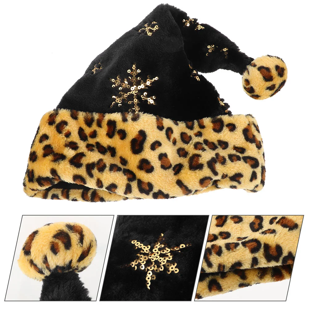 Leopard Print Christmas Hat Xmas Party Santa Black Sequin for Home Decoration Holiday Celebrations