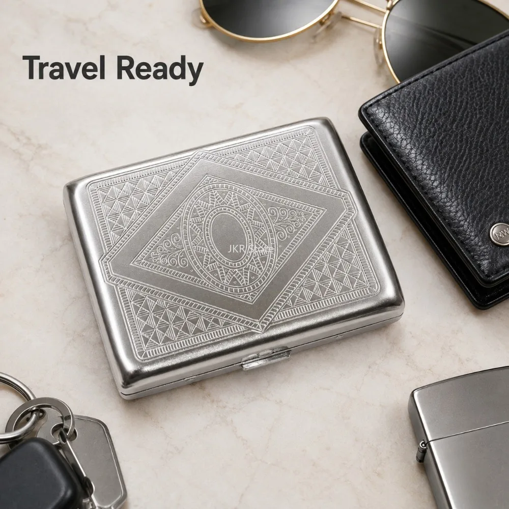 Stainless Steel Cigarette Box Embossed Portable Metal Case Storage Holder Smoking Accessory for Men Women Travel Daily Carry view 5