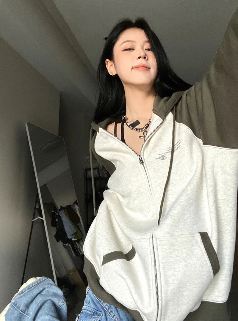 Casual Color Block Sweatshirt Women Zip Up Hoodies Cardigan Long Sleeve Loose Hooded Sweatshirts Y2k Letter Print Streetwear 후드티