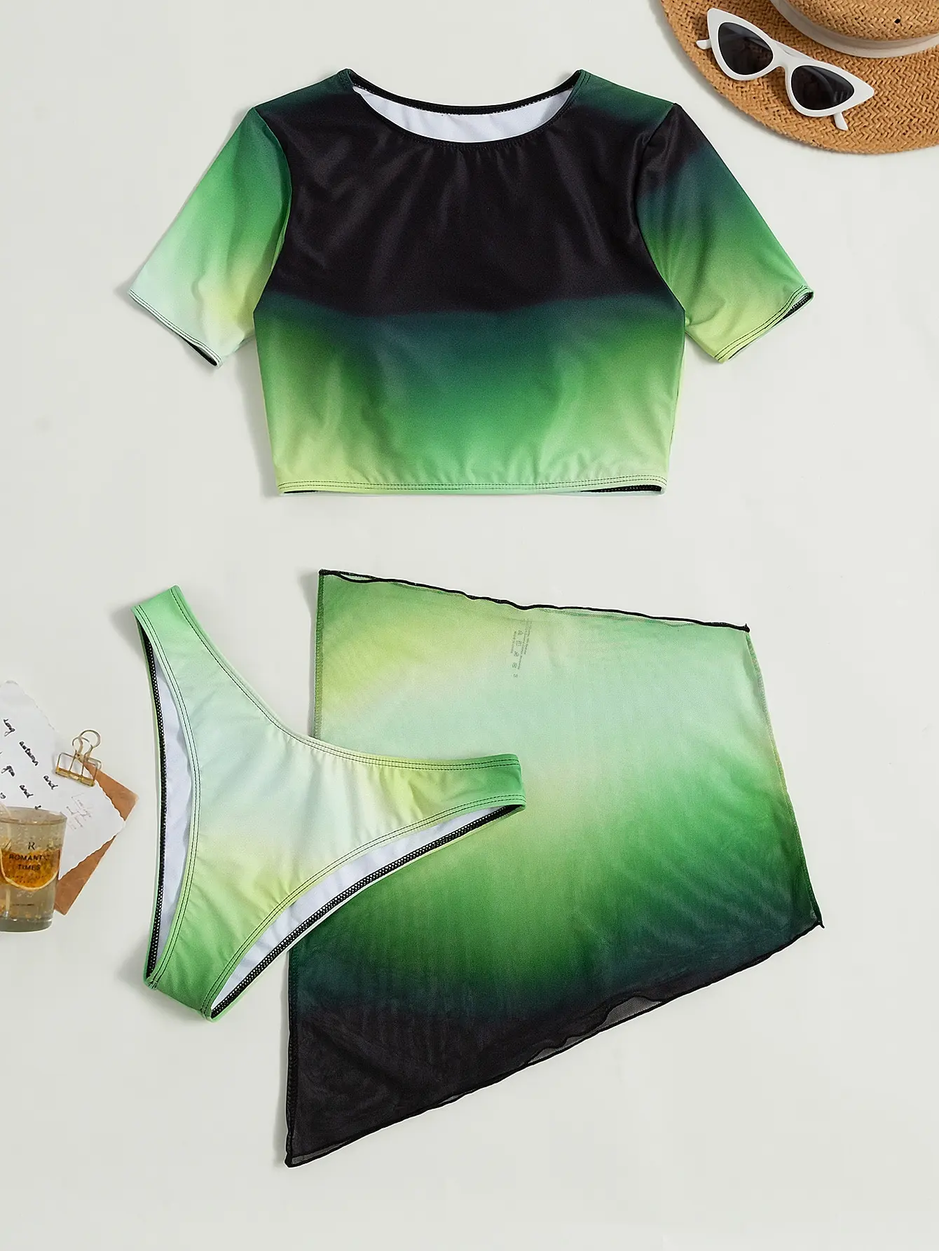 Gola alta biquíni maiô e saia de praia verde, moda praia feminina, roupa de banho, 3 pcs, ombre, verão