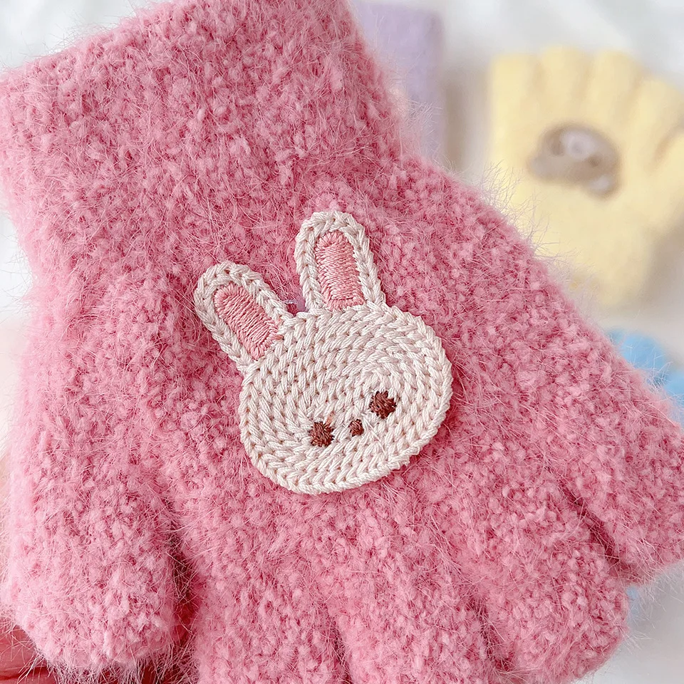 Korean cartoon children's gloves for autumn and winter, cute baby warmth, five finger plush, solid color, children and infants