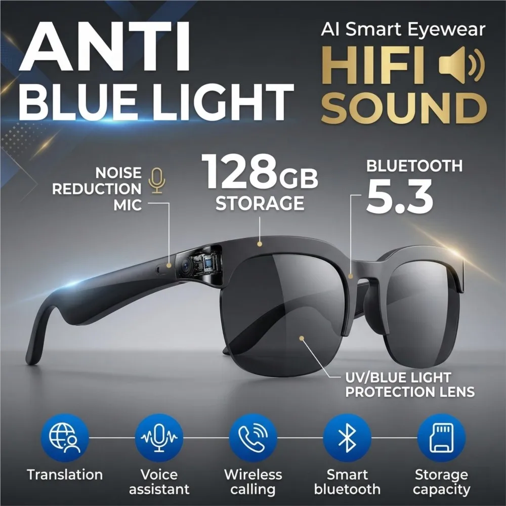 

Smart Glasses Bluetooth Call Sport Anti Blue Light Glasses AI Translation HIFI Sound Waterproof Sunglasses UV400 Support tf Card