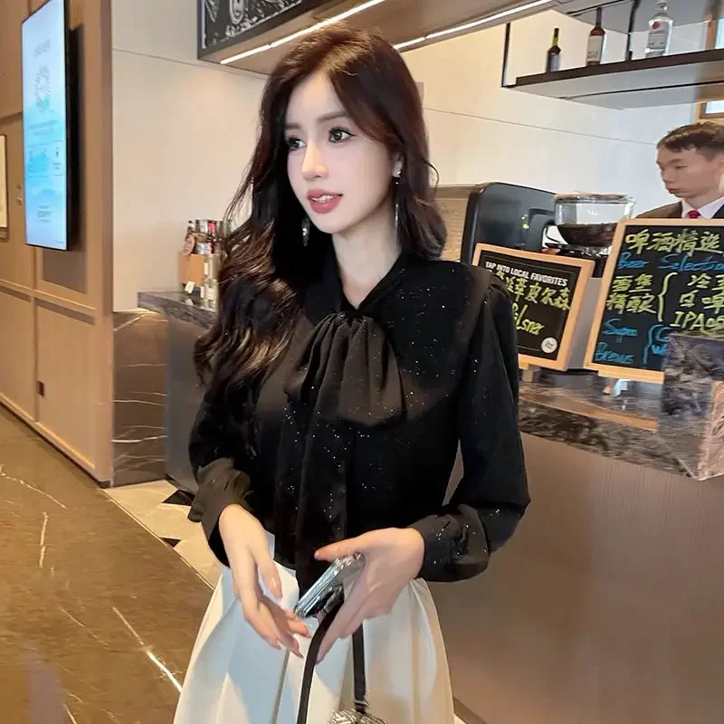 

French Sequined Chiffon Shirt Long-sleeved Early Autumn And Winter 2025 New Women Top Bottoming With Loose Temperament Top