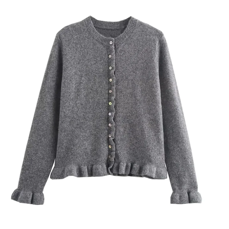 TRAF Sweater Cardigans Ruffle Long Sleeve Knitted Cardigan For Women Autumn Bolero Knitwears Button-Down Bluey Gray Cardigan