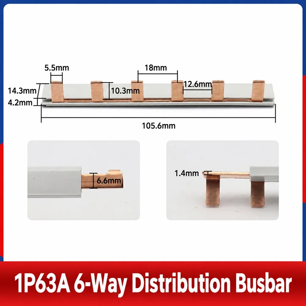1Pcs 63A MCB Busbar 4-12 Way 1/2/3Pole Pin Type Busbar Red Copper 18/36mm Phase Spacing Circuit Breaker Busbar
