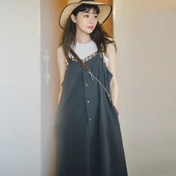 Maden-Women's Japanese Vintage Plaid Stitching Spaghetti Strap Dress, Sleeveless A Line Loose Halter Long Dresses, Summer, 2023