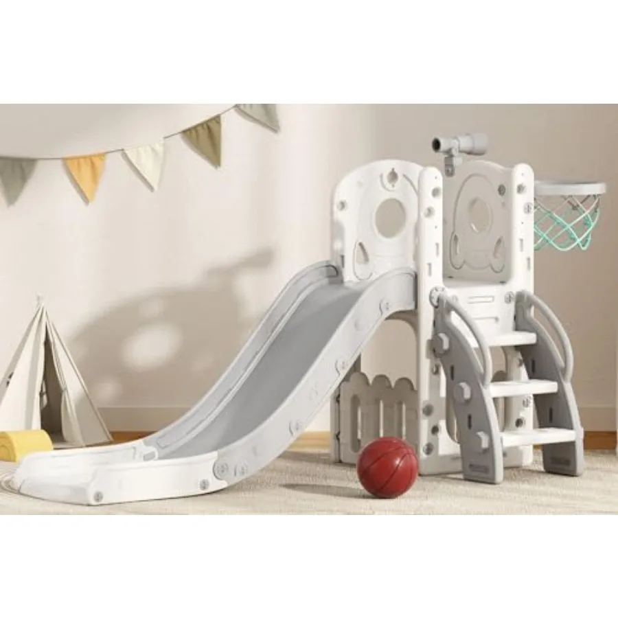 

Toddler Slide 6 in 1 Indoor Playground Outdoor Playset for Toddlers Age 1-3 Baby Slide with Basketball Hoop and Ball Storage Sp